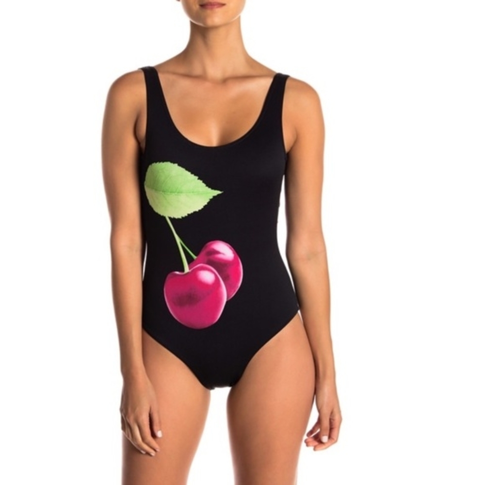Black Swimsuit with Cherry Print